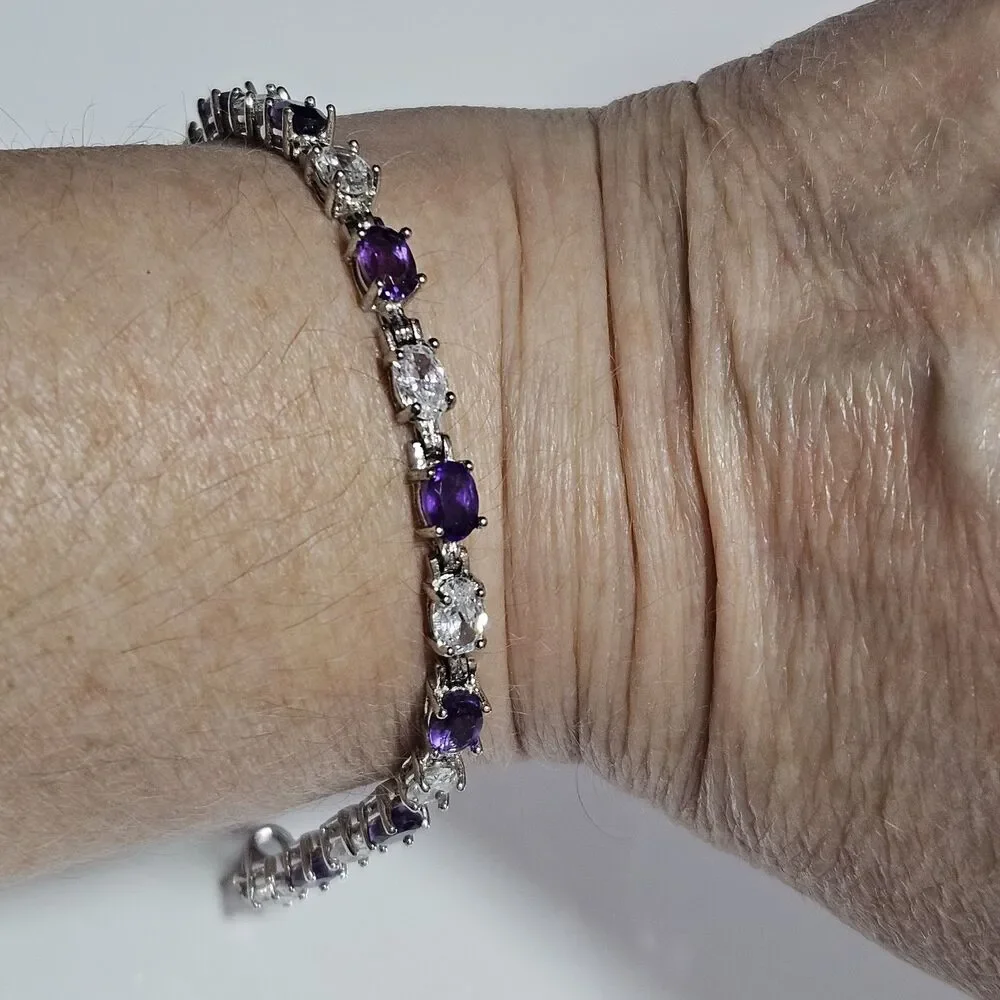 Sterling Silver Amethyst & CZ Tennis Bracelet 7.5
